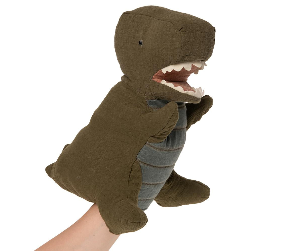 Hand holding green dinosaur puppet.