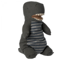 A plush toy dinosaur resembling a Maileg Large Dark Green Gantosaurus Dinosaur, specifically a T-Rex, with a dark gray body and lighter gray horizontal stripes on its belly. It features a large mouth with visible white teeth and small stubby arms and legs, crafted from soft mix fabric for extra cuddliness.